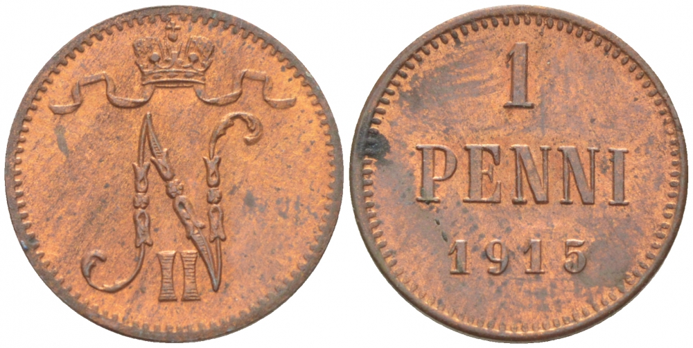 РОССИЯ ДЛЯ ФИНЛЯНДИИ 1 ПЕННИ 1915 НИКОЛАЙ II KM 13, Биткин 475 медь 4396-1434