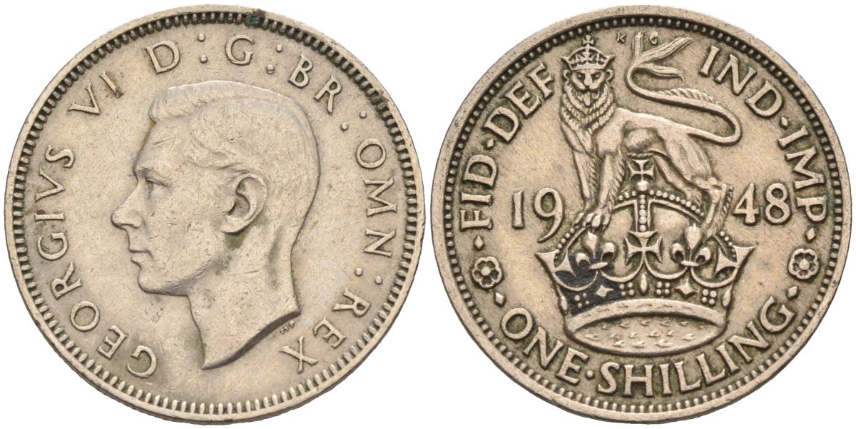 Великобритания 1 шиллинг 1948 Георг VI (1936-1952), Английский герб KM 863, Spink 4103 медно-никель 4126-434