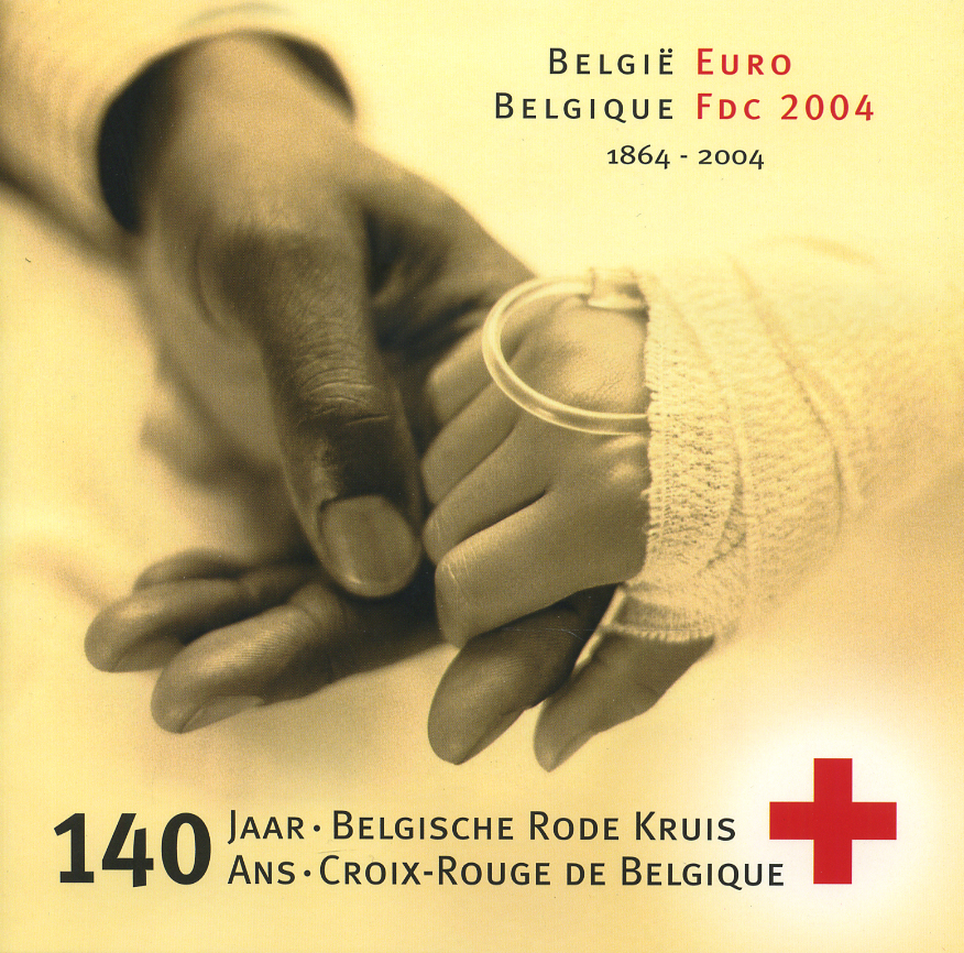 Бельгия евронабор из 8 монет + жетон 2004 140 лет бельгийскому Обществу красного креста, Джон Генри Дунант, жетон с эмалью, в оригинальном буклете UNC 1-5-3-2