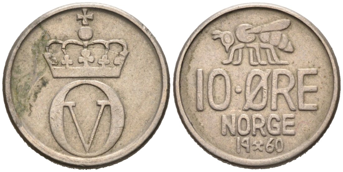 Норвегия 10 эре 1960 пчела, Улаф V (1958-1991) KM 411 медно-никель 4564-248