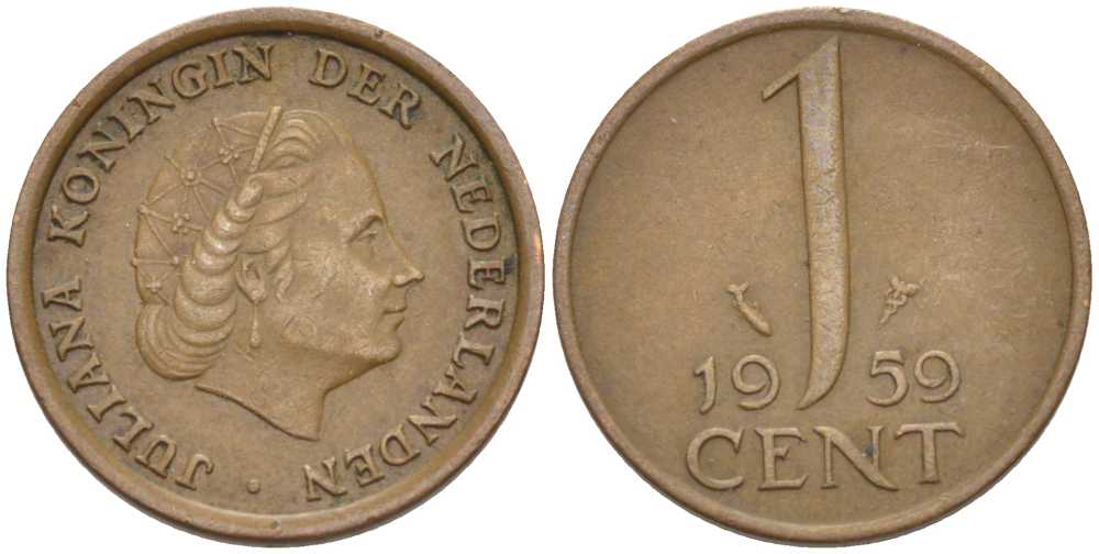 НИДЕРЛАНДЫ 1 ЦЕНТ 1959 ЮЛИАНА KM 180 бронза 66-861
