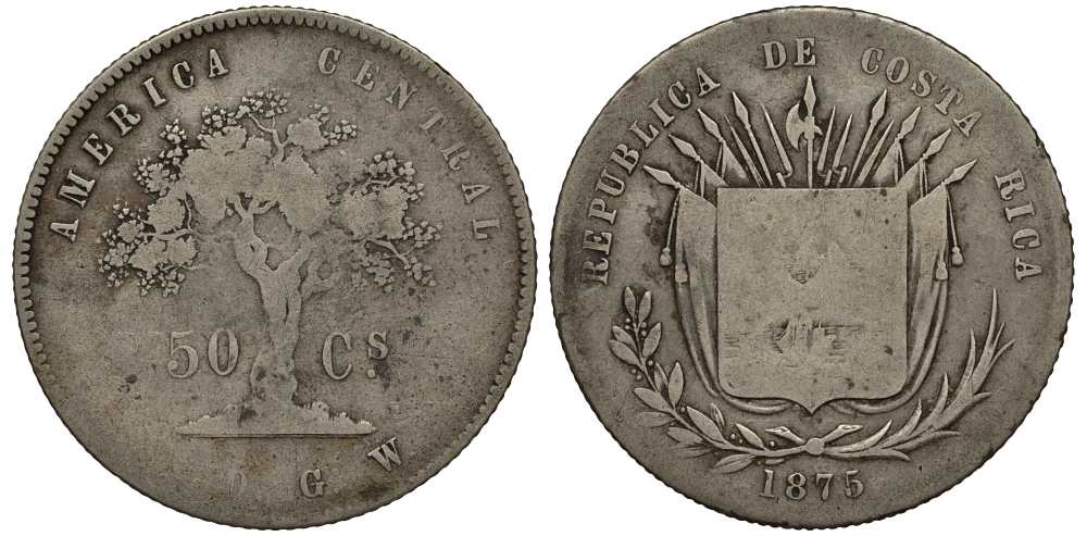 Коста-Рика 50 сентимо 1875 KM 112 серебро 272-632