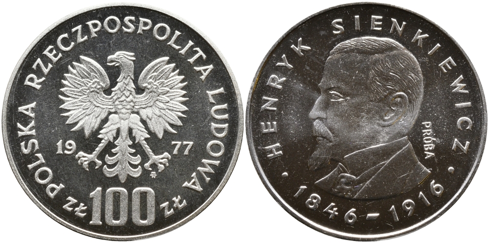 Польша 100 злотых 1977 Генрик Сенкевич (1846-1916), пробный выпуск (PROBA) KM Pr 299 серебро PROOF 441-541