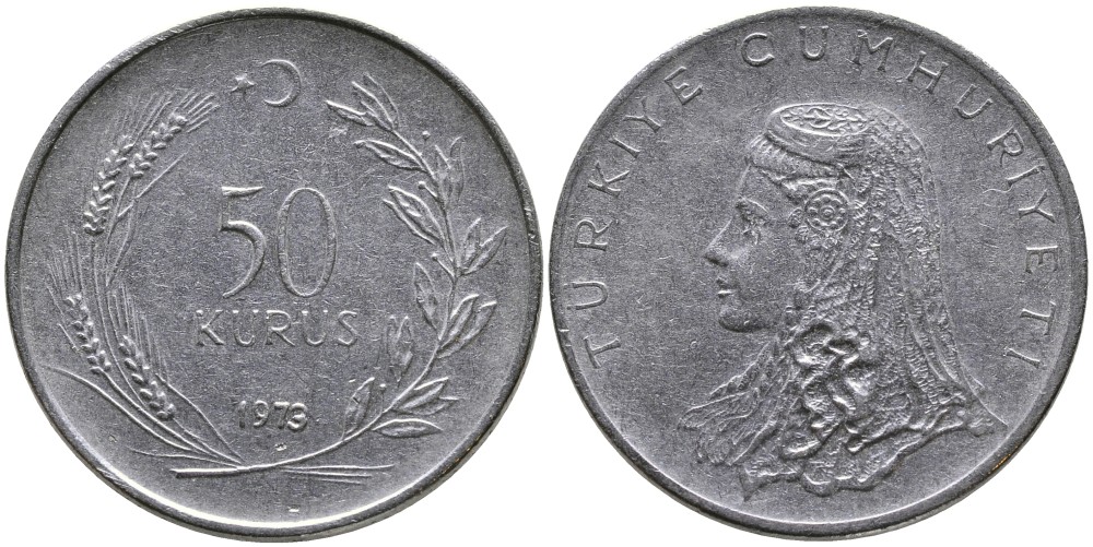 Турция 50 курушей 1973 Анатолийская невеста KM 899 нержавеющая сталь 4541-833