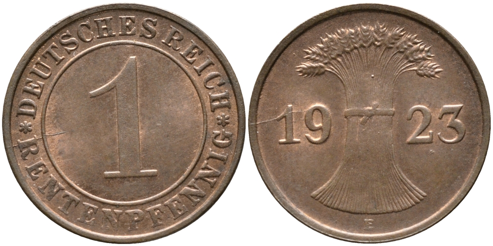 ГЕРМАНИЯ 1 РЕНТЕНПФЕННИГ 1923 E KM 30, J. 306 бронза UNC 413-2133