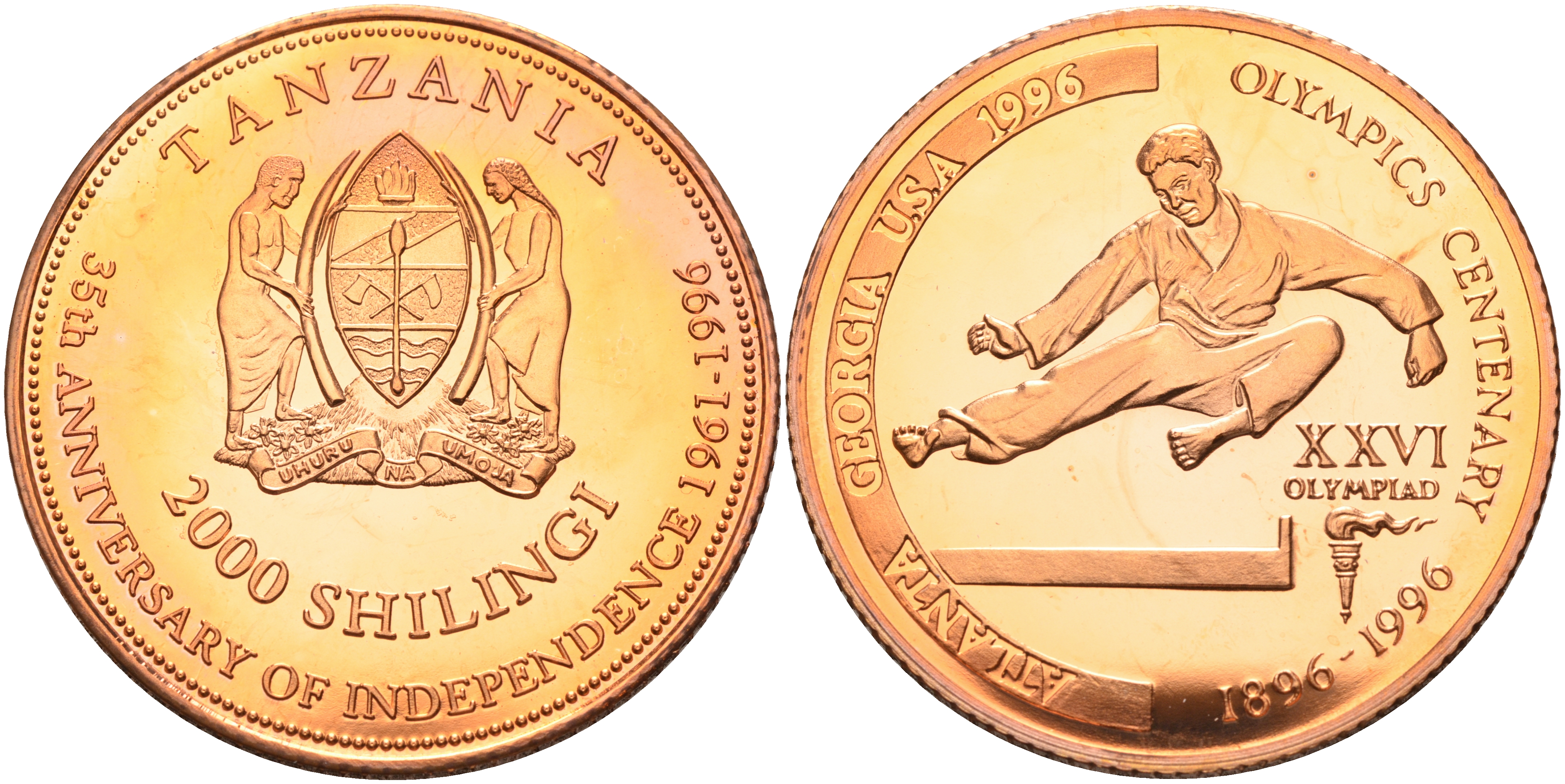 Танзания 2000 шиллингов 1996 XXVI Олимпийские игры 1996 года в Атланте, 100 лет Олимпийскому движению, карате, пробник, рубчатый гурт медь PROOF 06-158-12