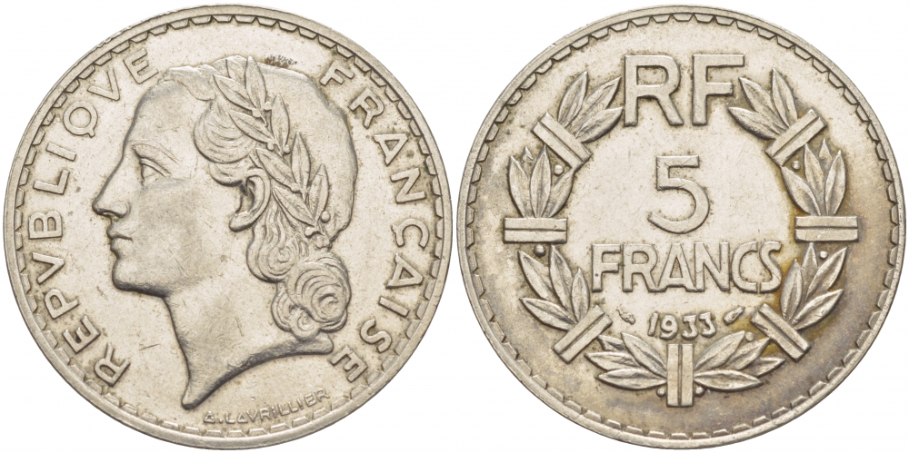 ФРАНЦИЯ 5 ФРАНКОВ 1933 KM 888 никель 4403-1126