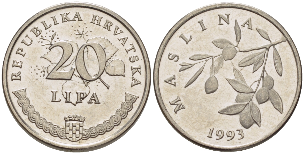 Хорватия 20 лип 1993 олива, легенда на хорватском KM 7 сталь плакированная никелем 66-529