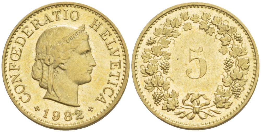 Швейцария 5 раппенов 1982 KM 26c алюминий латунь 4532-854