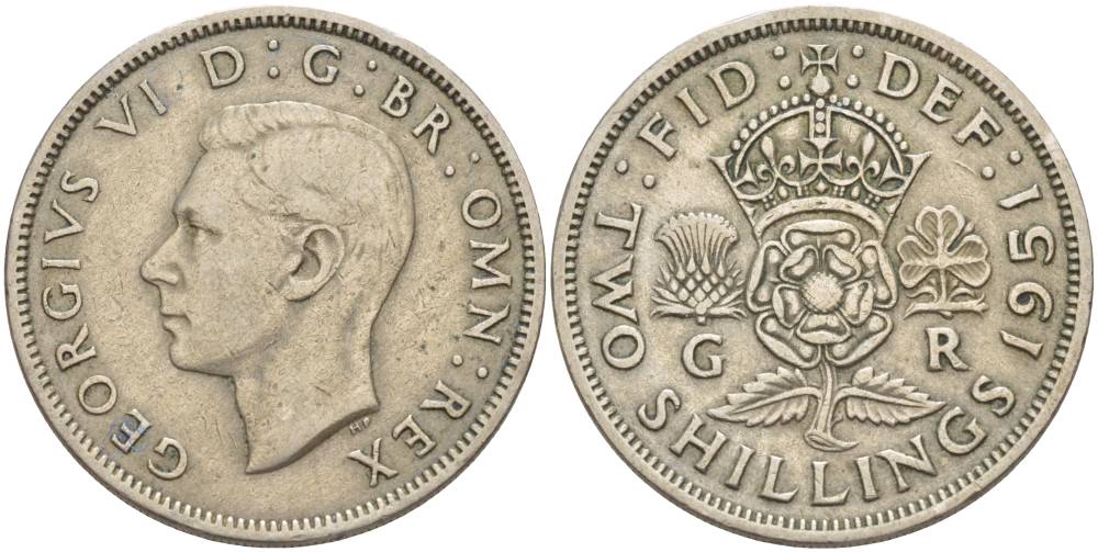 Великобритания 2 шиллинга (флорин) 1951 Георг VI (1936-1952) KM 878, Spink 4107 медно-никель 4183-1226