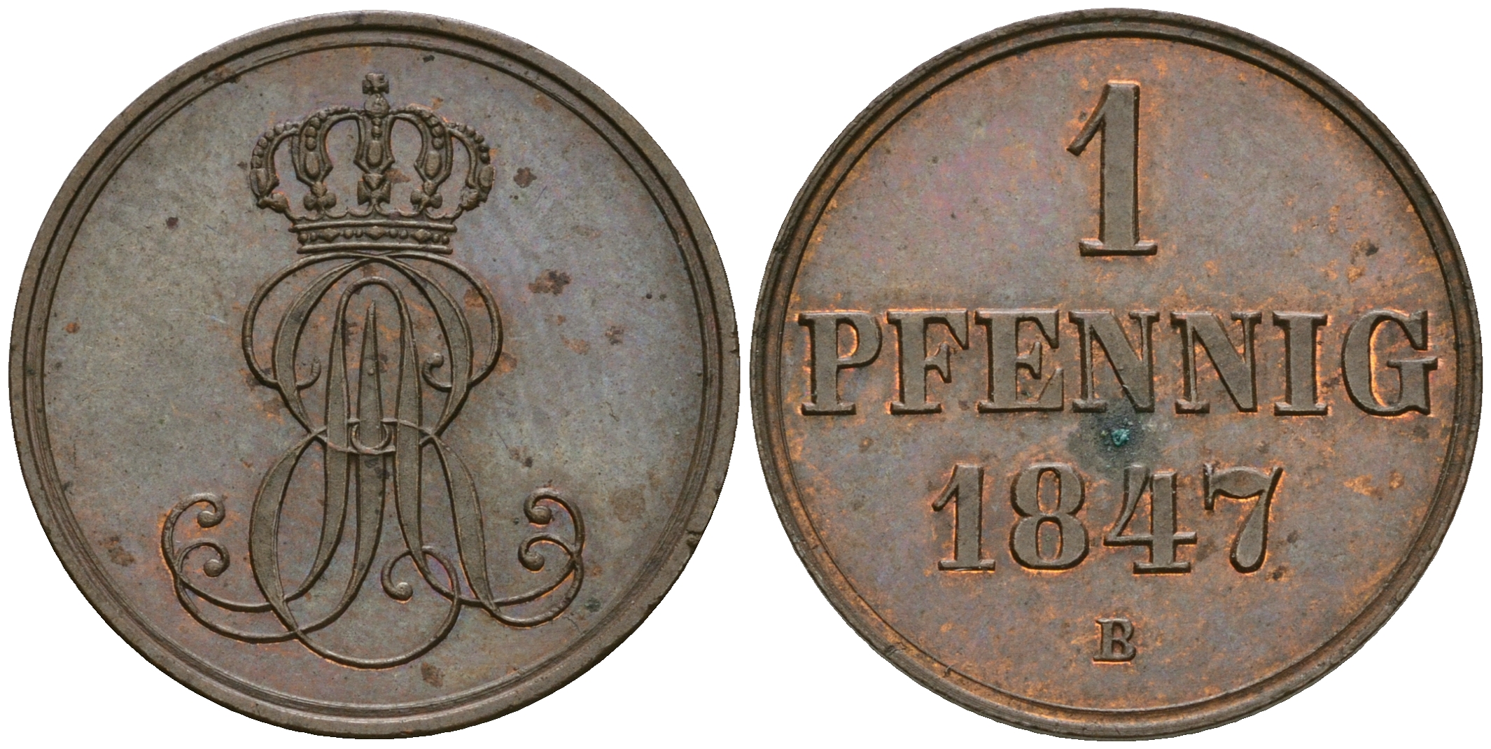 Ганновер 1 пфенниг 1847 B, Эрнст Август (1837-1851) KM 201.1, AKS 129, J. 74 медь 08-1357