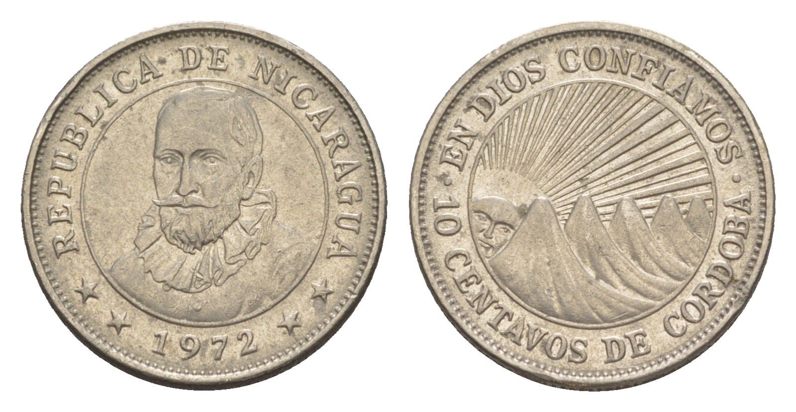 Никарагуа 10 сентаво 1972 KM 17.2a сталь плакированная никелем aUNC 4640-1025