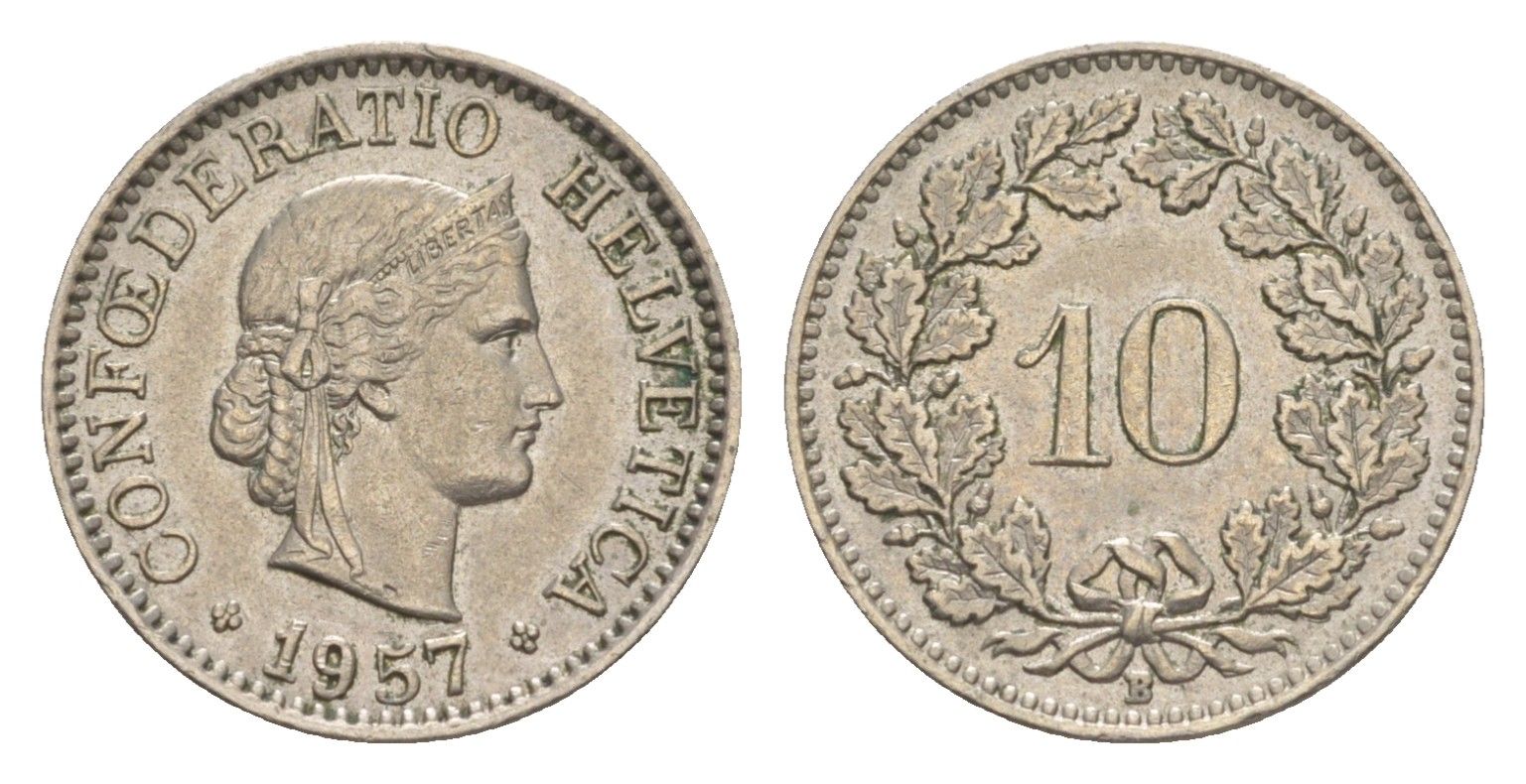 Швейцария 10 раппенов 1957 B KM 27 медно-никель 4625-231