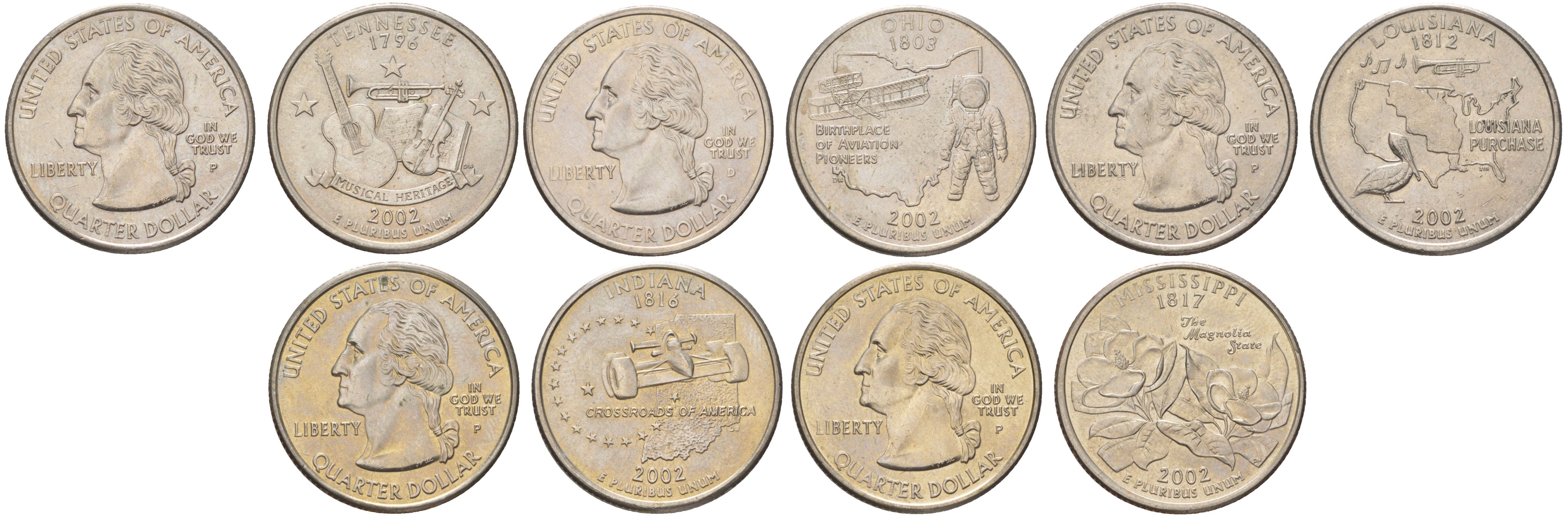 США годовой набор из 5 монет (25 центов, квотер, 1/4 доллара) серии квотеры 50 штатов 2002 Квотер штата Теннесси, Огайо, Луизиана, Индиана и Миссисипи KM 331, 332, 333, 334 и 335 медь плакированный медно-никелем UNC 4628-1212-1216