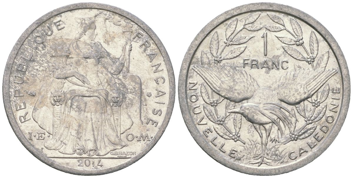 Французская Новая Каледония 1 франк 2014 птица кагу, (IEOM) KM 10, Schoen 10 алюминий 31-1155