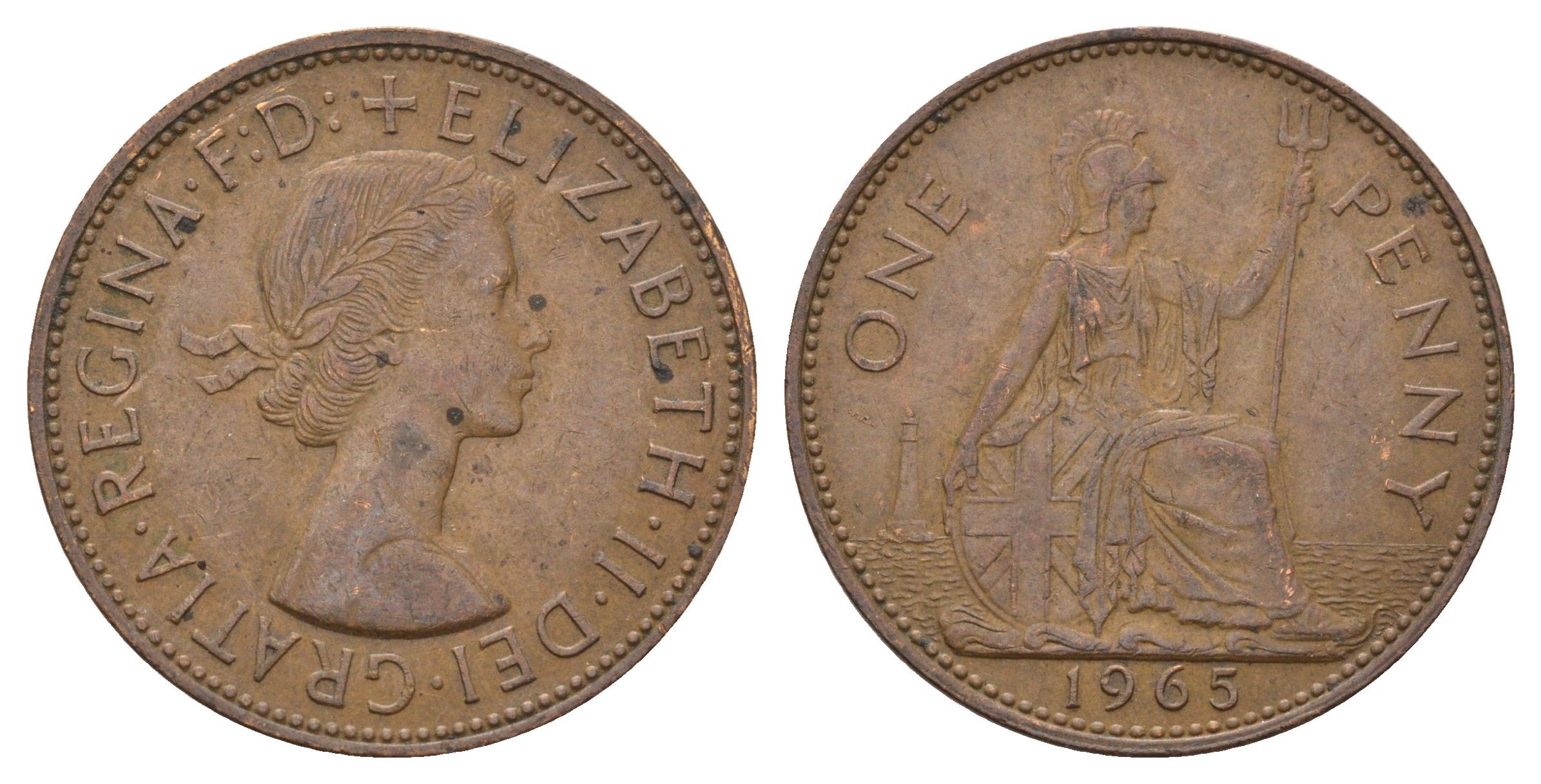 Великобритания 1 пенни 1965 Елизавета II (1952-2022) KM 897, Spink 4157 бронза 4140-336
