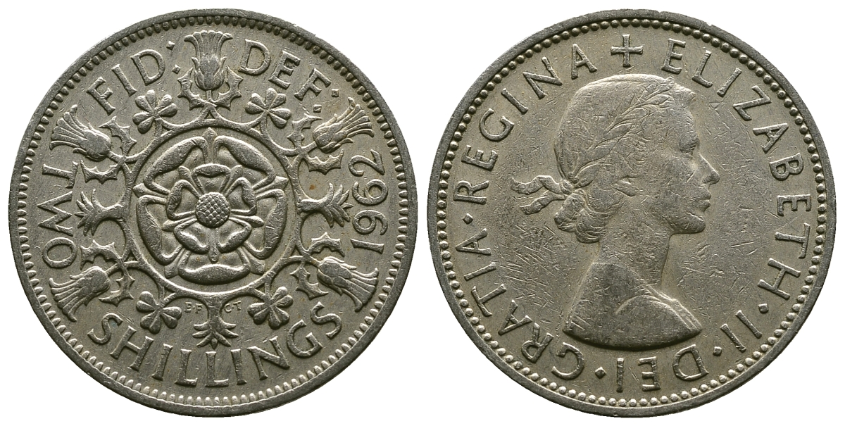 Великобритания 2 шиллинга (флорин) 1962 Елизавета II (1952-2022) KM 906, Spink 4146 медно-никель 4382-334