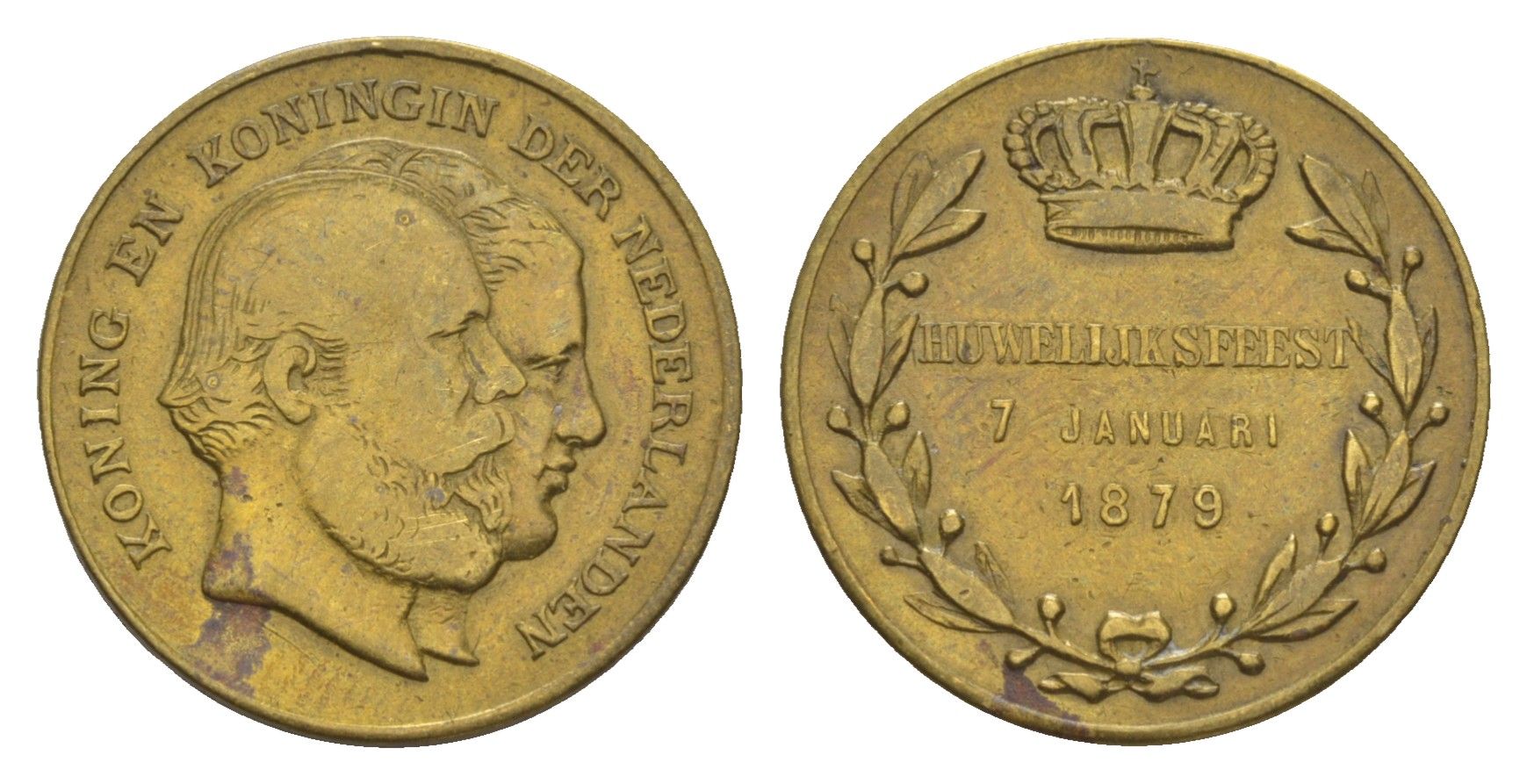 Нидерланды медаль "в честь свадьбы Виллема III и Эмма Вальдек-Пирмонтская" 1879 диаметр 21,5 мм, вес 3,03 гр  латунь    4647-121