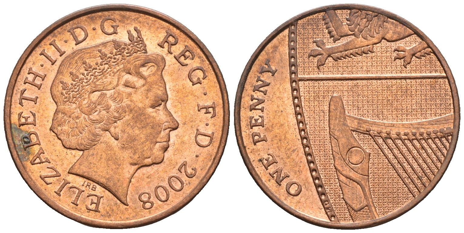 Великобритания 1 пенни 2008 Елизавета II (1952-2022) KM 1107, Spink B6 сталь плакированная медью 4609-649