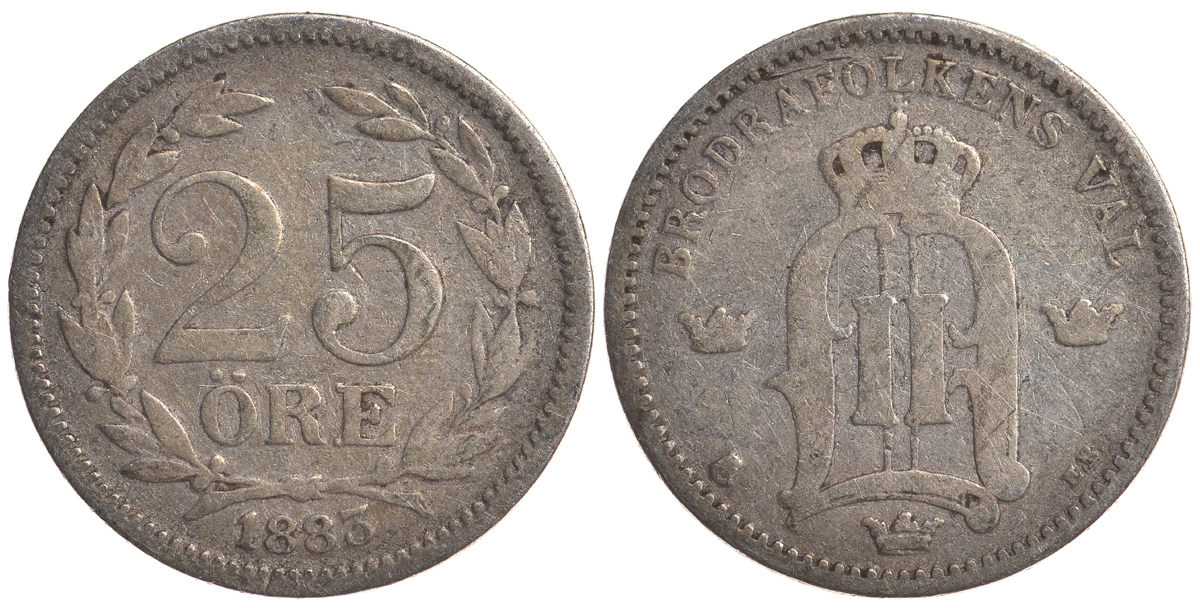 Швеция 25 эре 1883 EB, Оскар II (1872-1907) король Швеции и Норвегии KM 739 серебро 4179-818