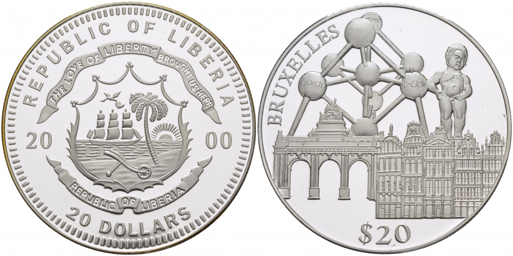 Либерия 20 долларов 2000 серия памятники архитектуры, Брюссель KM 638 серебро PROOF 01-107-33