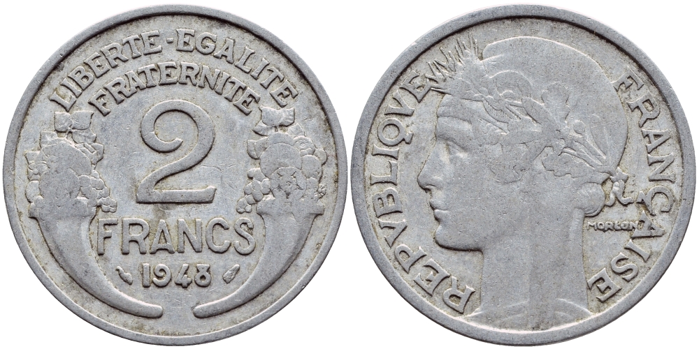 Франция 2 франка 1948 KM 886а.1 алюминий 4397-746