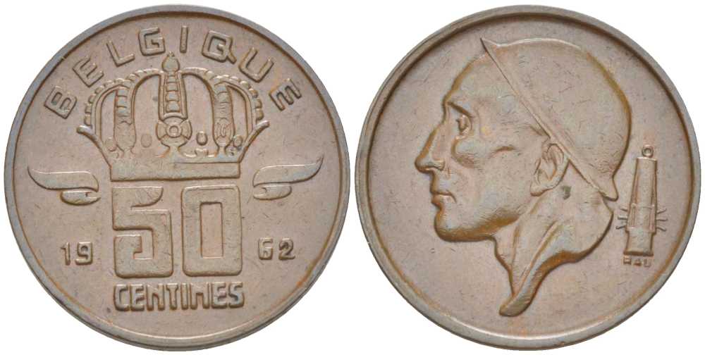 БЕЛЬГИЯ 50 САНТИМОВ 1962 BELGIQUE, БОДУЭН I (1951-1993) KM 148.1 бронза 214-449