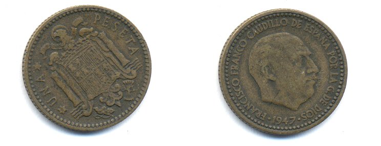 ИСПАНИЯ 1 ПЕСЕТА 1953 ФРАНСИСКО ФРАНКО ДИКТАТОР ИСПАНИИ (1939-1975) KM 775 алюминиевая бронза 54-216