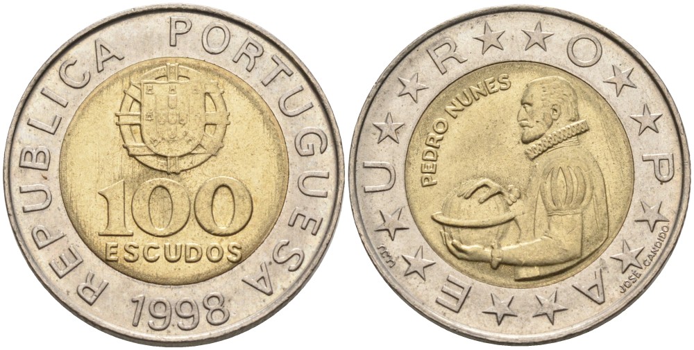 Португалия 100 эскудо 1998 Педру Нуниш (1502-1578), математик KM 645.1 биметалл 261-713