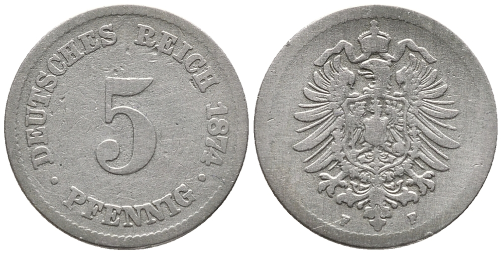 ГЕРМАНИЯ 5 ПФЕННИГОВ 1874 F, СТАРОГЕРБОВКА KM 3, J. 3 медно-никель 39-314