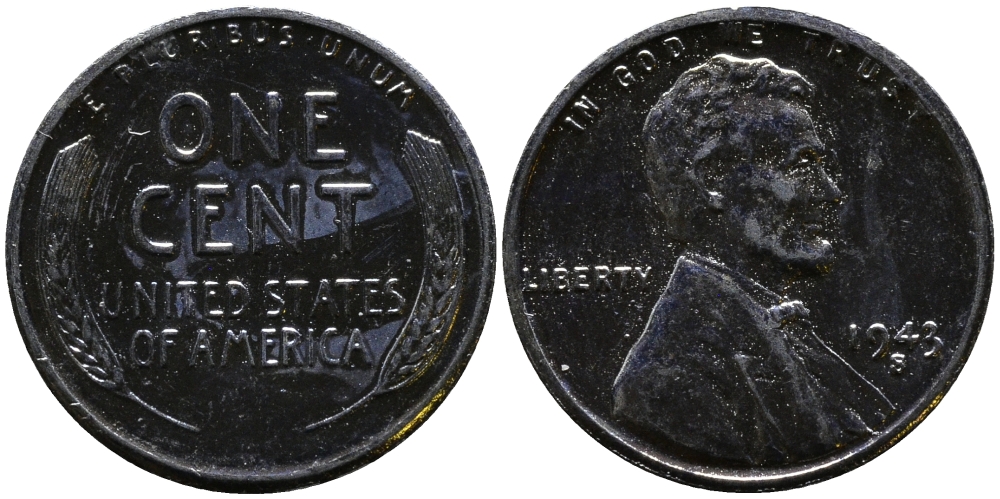 США 1 цент 1943 S (Сан-Франциско), Авраам Линкольн KM 132 a сталь плакированная цинком 4392-1143