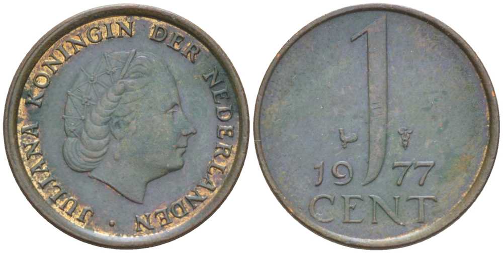 НИДЕРЛАНДЫ 1 ЦЕНТ 1977 ЮЛИАНА (1948-1980) KM 180 бронза 214-1051