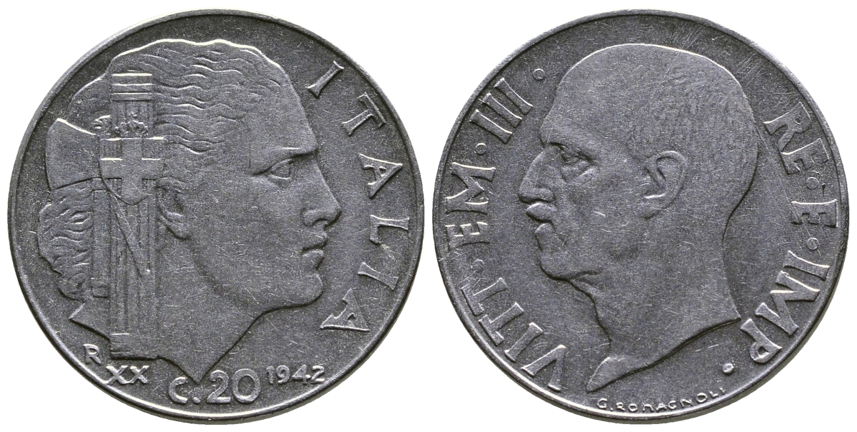 Италия 20 чентезимо 1942 R, Виктор Эммануил III (1900-1946), XXI год KM 75b, VEM3. 1029 нержавеющая сталь 4622-353