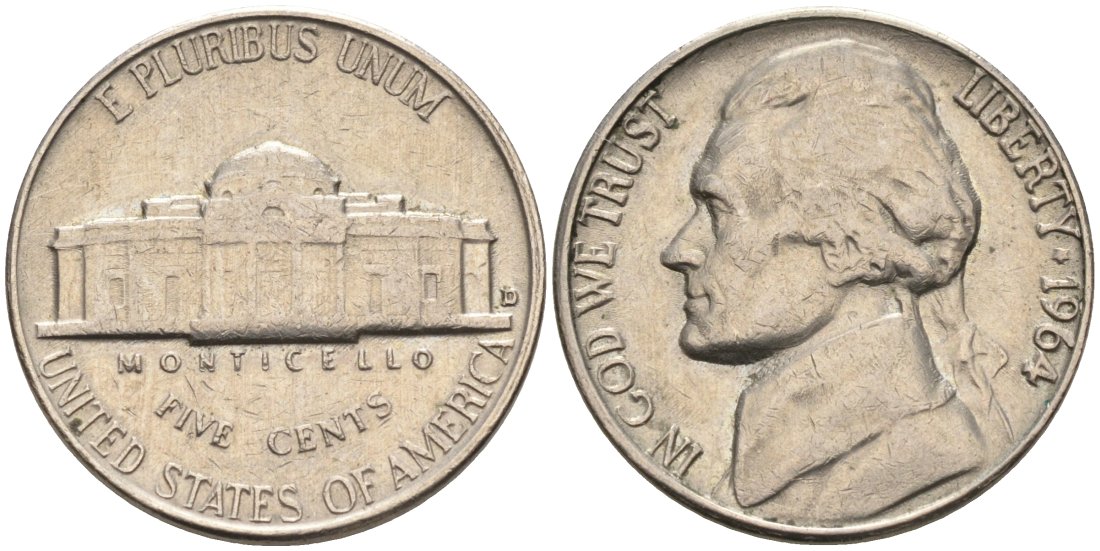 США 5 центов 1964 D, Джефферсон KM А192 медно-никель 92-1126