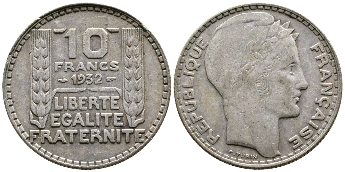 Франция 10 франков 1932 Пьер Тюрен KM 878, Le Franc 360.5 серебро 79-1546