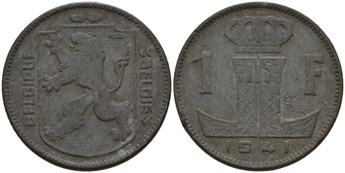 Бельгия 1 франк 1941 Belgique - Belgie, Леопольд III (1934-1947), германская оккупация, Вторая мировая война KM 127 цинк 4161-357