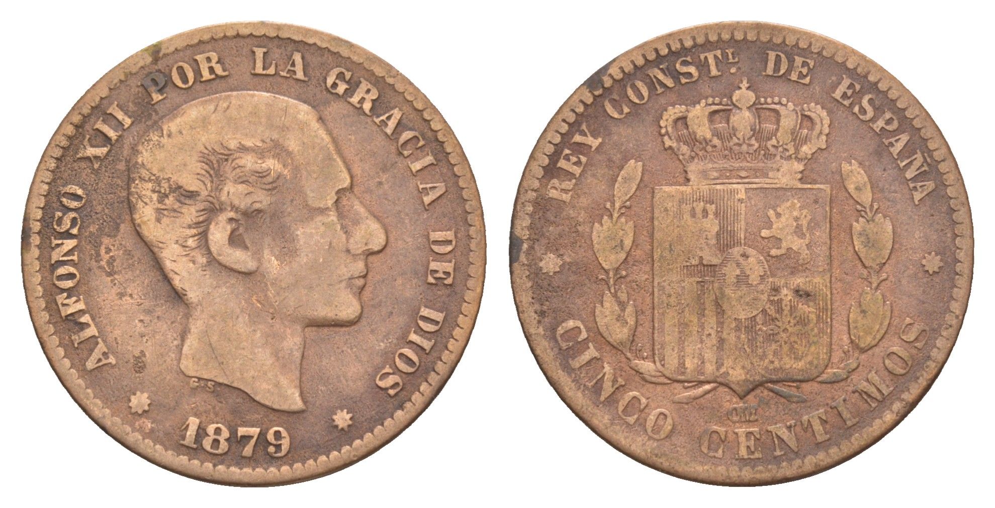 Испания 5 сентимо 1879 OM, Альфонсо XII (1874-1885) KM 674 бронза 4657-517