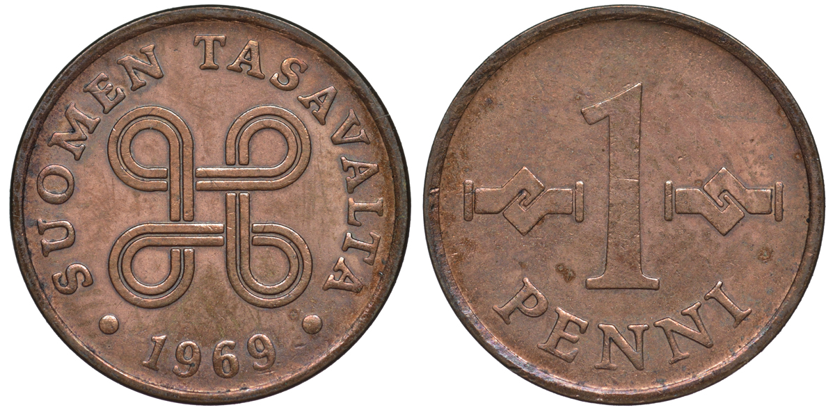 ФИНЛЯНДИЯ 1 ПЕННИ 1969 KM 69 медь 3334-1032