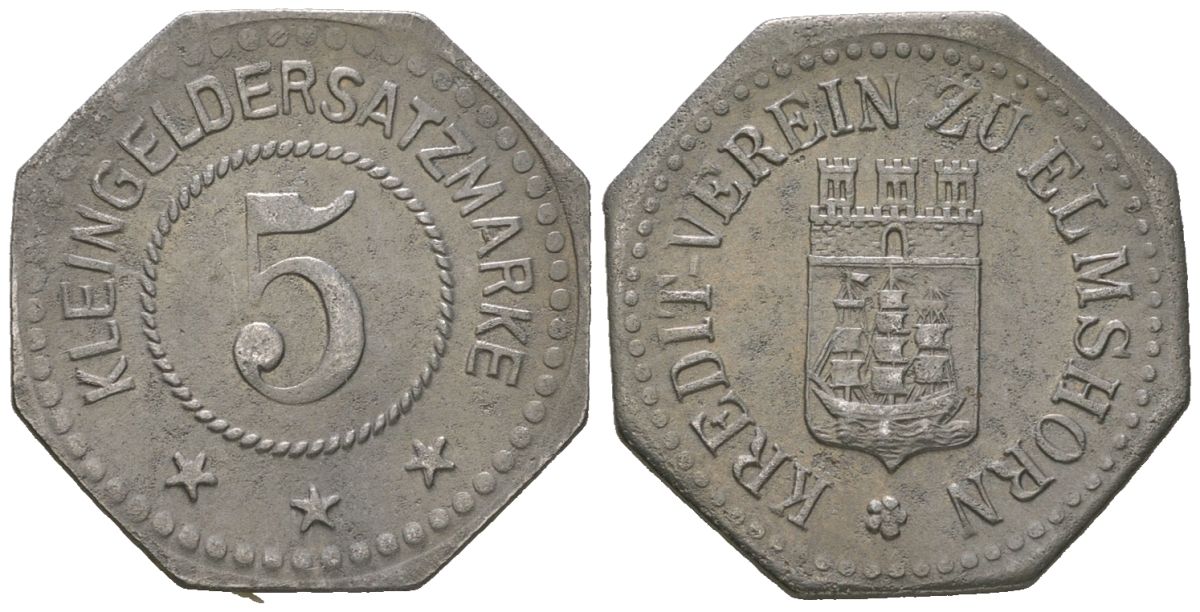 Эльмсхорн (Пруссия, Шлезвиг-Гольштейн) 5 пфеннингов 1917 Funck 115.4A, Men22.2 8121.4 железо 4169-1066