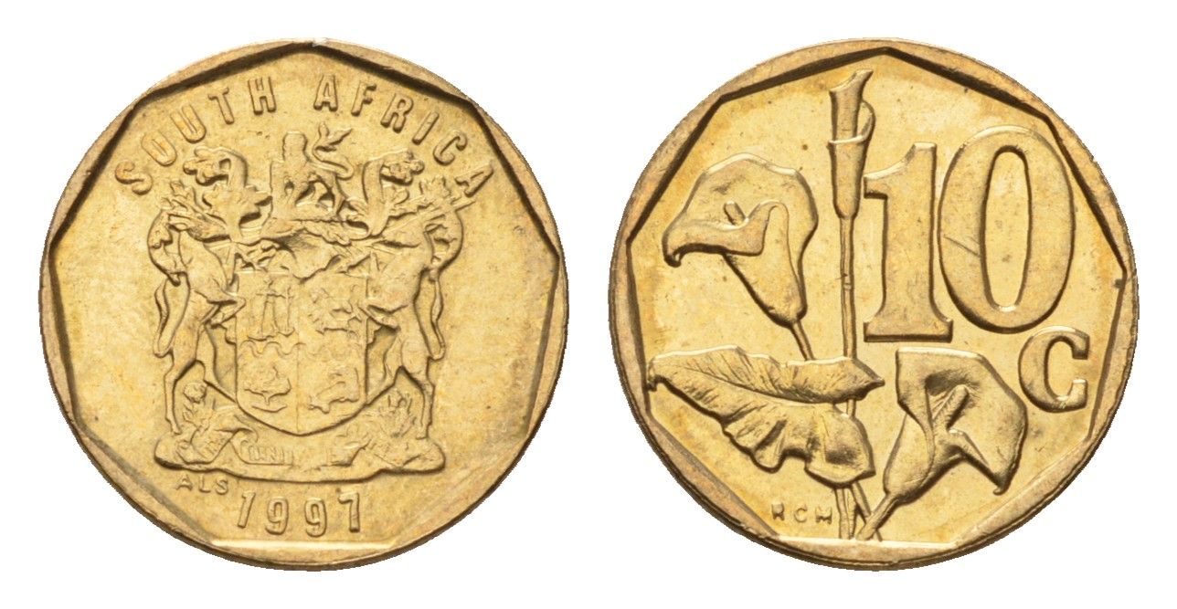 ЮАР 10 центов 1997 герб, цветок алоэ KM 161 сталь плакированная бронзой UNC 4694-738