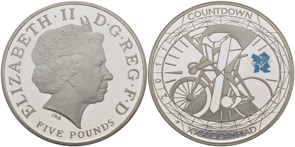 Великобритания 5 фунтов 2011 Елизавета II (1952-2022), XXX Летние Олимпийские игры 2012 в Лондоне 2012 - Обратный отсчет 1 год до начала, велосипедный спорт, KM 1202, Spink LO35 серебро PROOF 1077-2-61