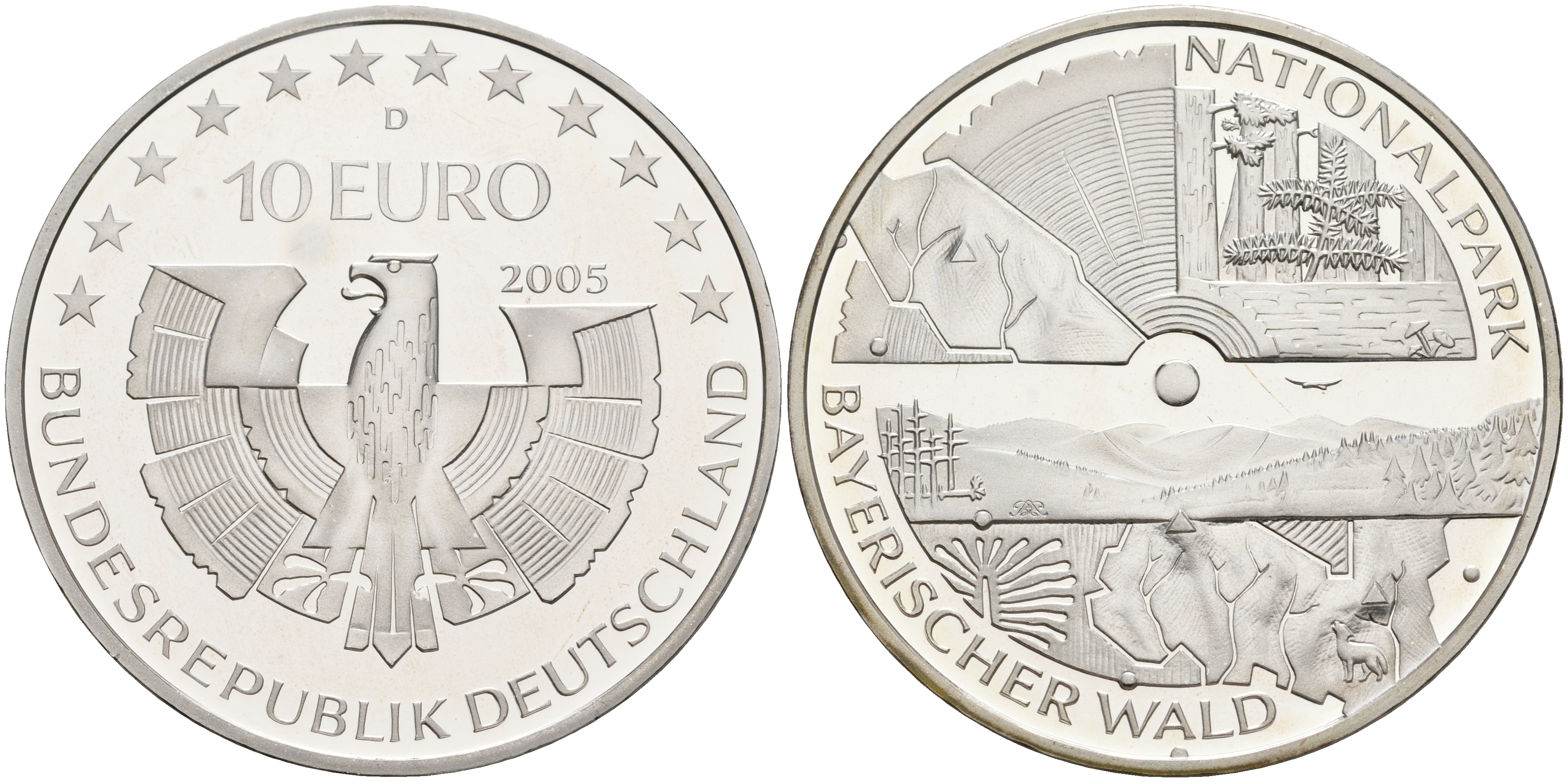 ФРГ 10 евро 2005 D, национальный парк, баварский лес KM 241, DE.S. 10.19 серебро PROOF 1076-3-45