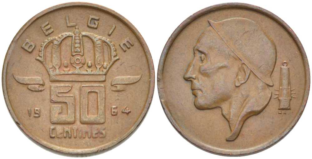 БЕЛЬГИЯ 50 САНТИМОВ 1964 BELGIE, БОДУЭН I (1951-1993) KM 149.1 бронза 206-144