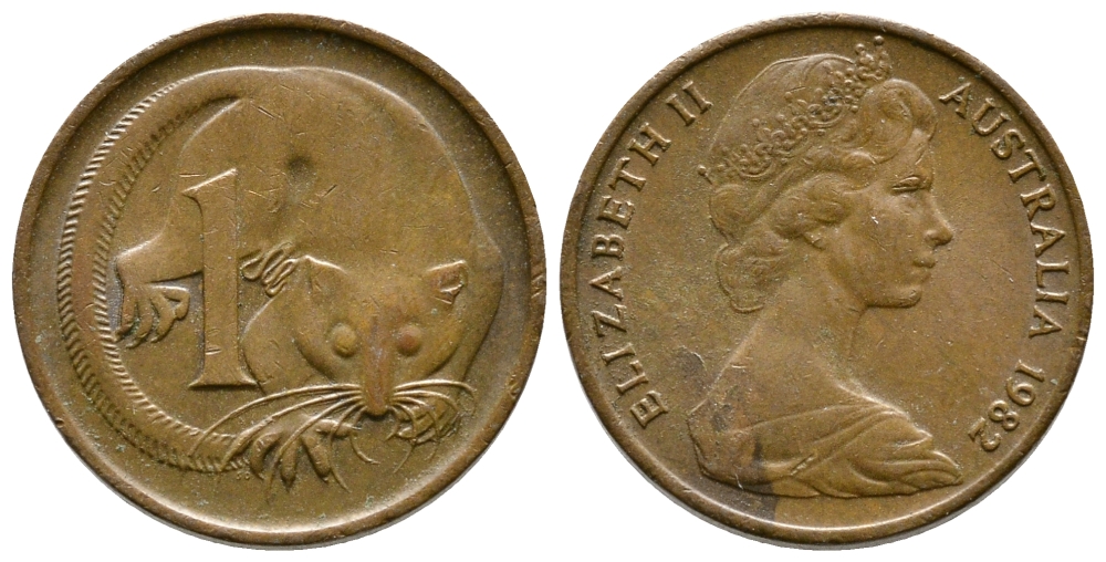 АВСТРАЛИЯ 1 ЦЕНТ 1982 ЕЛИЗАВЕТА II, МОЛОДОЙ ПОРТРЕТ, ОПОССУМ KM 62 бронза 84-213