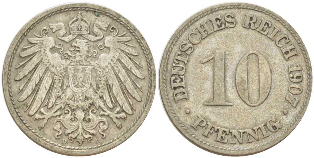 Германия 10 пфеннигов 1907 D KM 12, J. 13, Weege 8 медно-никель 259-921