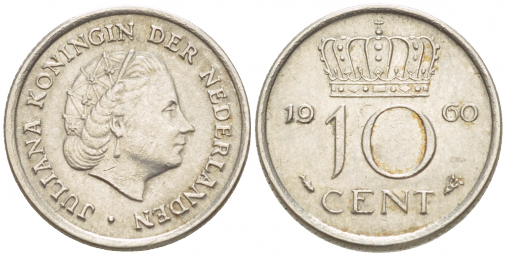 Нидерланды 10 центов 1960 Юлиана (1949-1980) KM 182 никель 4547-832