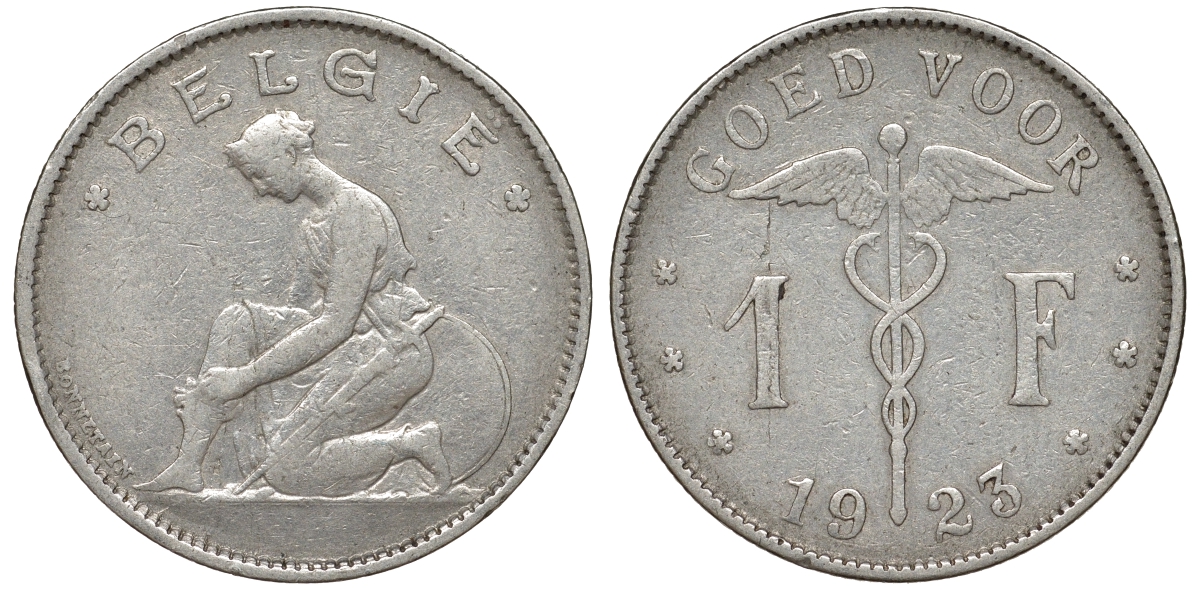 Бельгия 1 франк 1923 Belgie, Альберт I (1909-1934) KM 90 никель 51-431