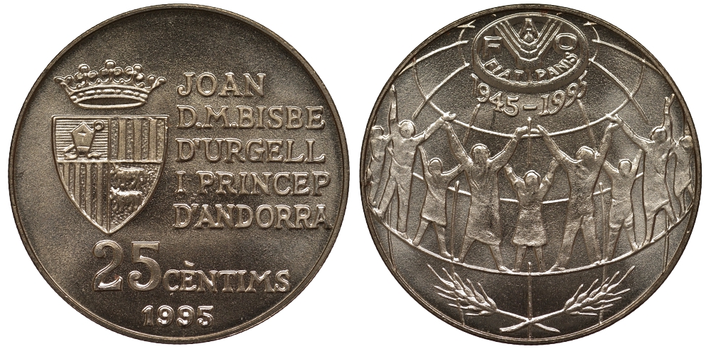 Андорра 25 сантимов 1995 50 лет продовольственной программе FAO KM 109 медно-никель UNC M22-10