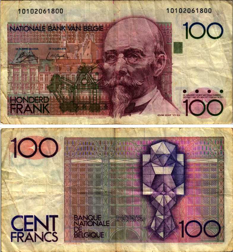 БЕЛЬГИЯ 100 ФРАНКОВ 1978-1981 ПОДПИСЬ (3 И 9), АРХИТЕКТОР ХЕНДРИК БЕЙЕРТ Pick 140а бумага 6312-66-1-2