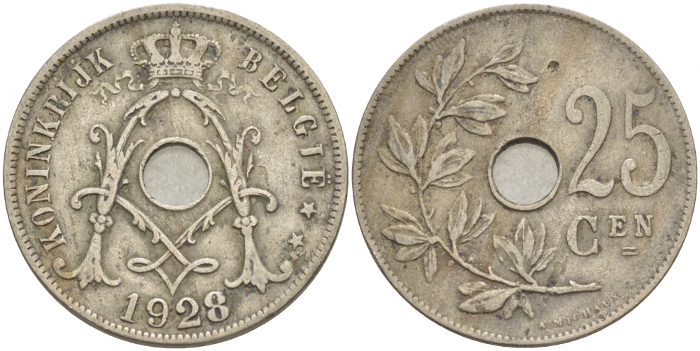 БЕЛЬГИЯ 25 САНТИМОВ 1928 BELGIE KM 69 медно-никель 4529-1126